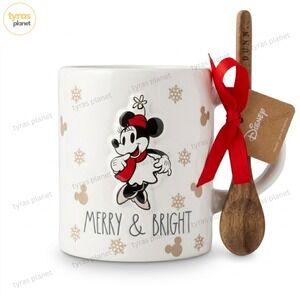 Rae Dunn Minnie Mouse MERRY & BRIGHT Mug With Spoon Christmas Holiday